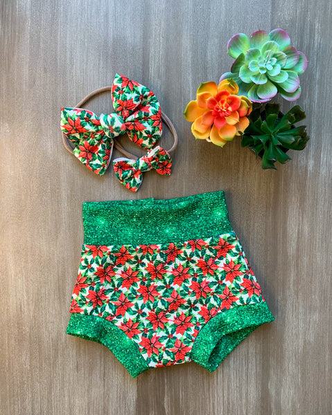 Poinsettia Christmas Bummies - Green Waistband