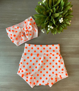 White/Neon Orange Polkadot Bummies & 5" Bow Headband Set